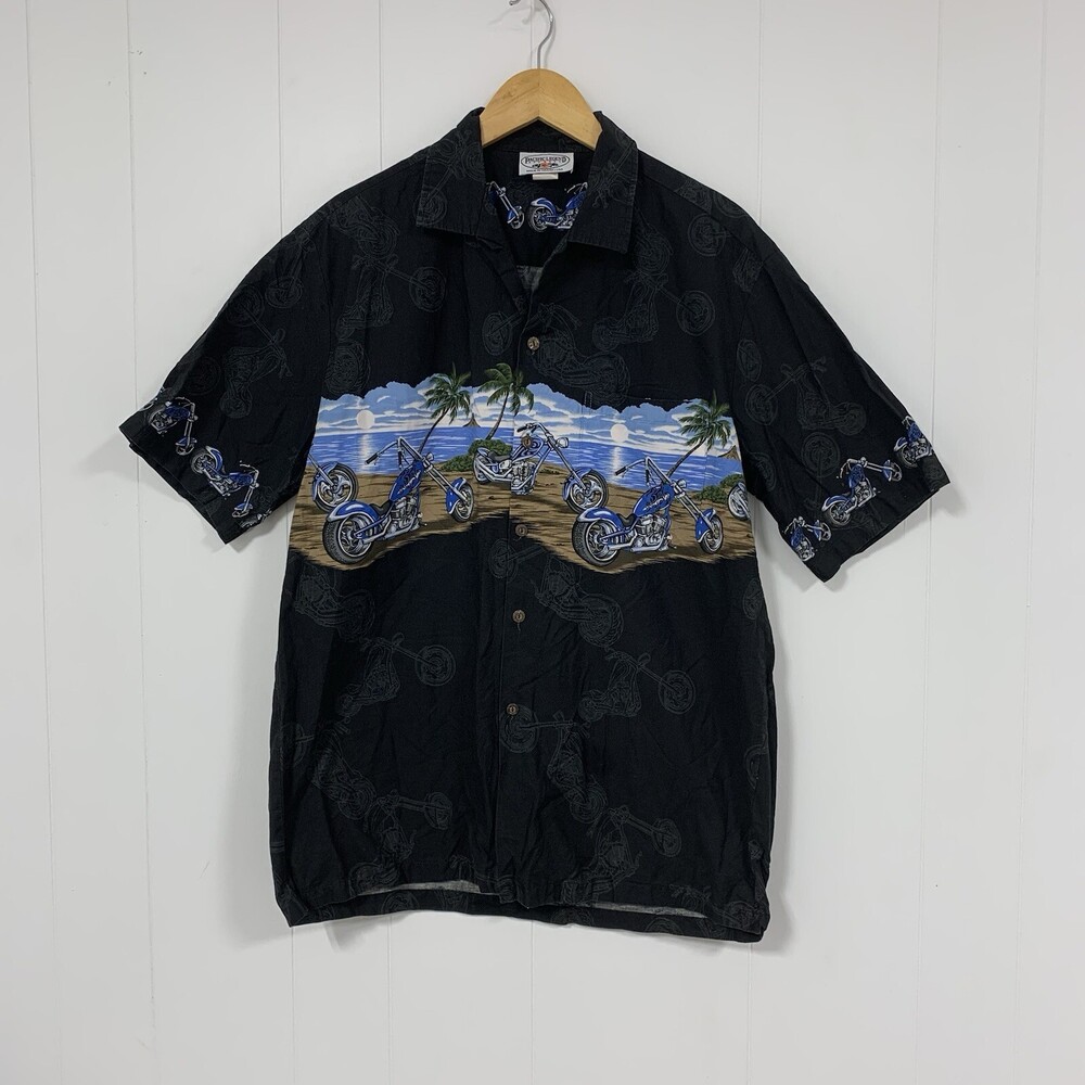 Vintage Pacific Legend Black Tropical Motorcycle Button-Up Shirt L